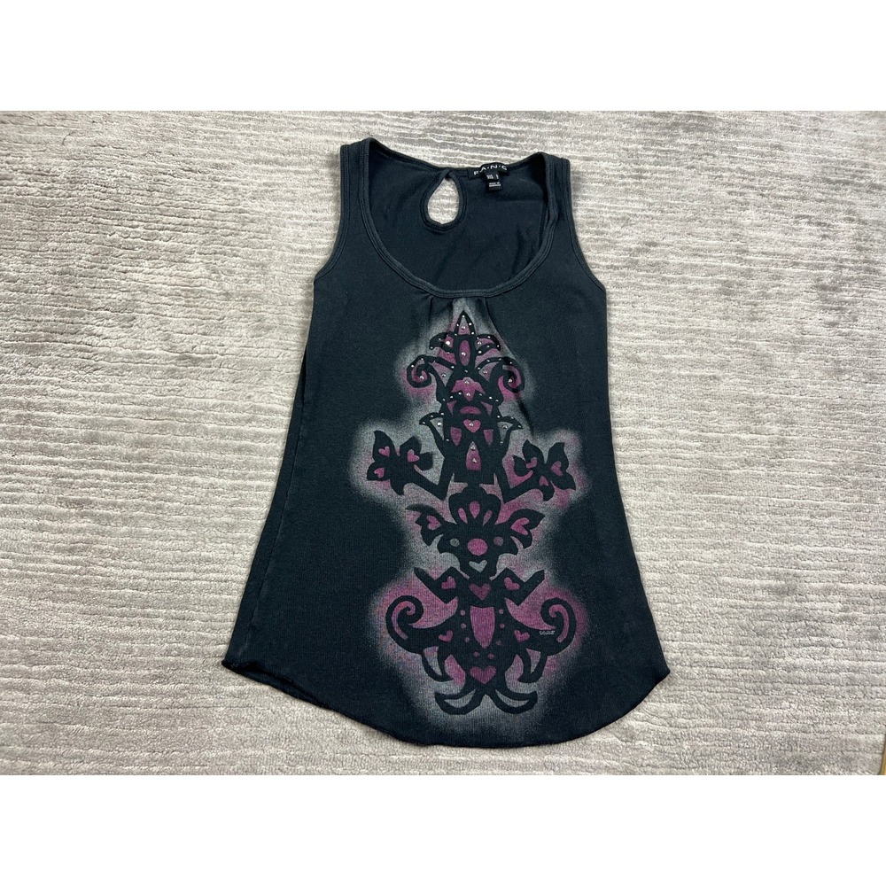 Fang Tank Top Womens Large Black Graphic Y2K Gothic Rhinestone Keyhole Ribbed
